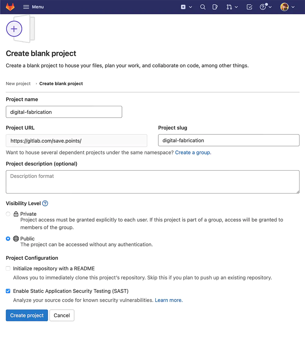 A screenshot of the GitLab New project -form
